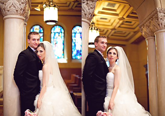 Elegant wedding couple portrait in a beautiful church setting