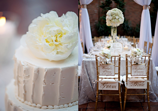 Wedding cake with flower and decorated reception chairs