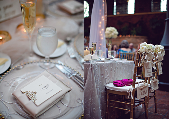 Elegant wedding reception table setting with champagne glasses