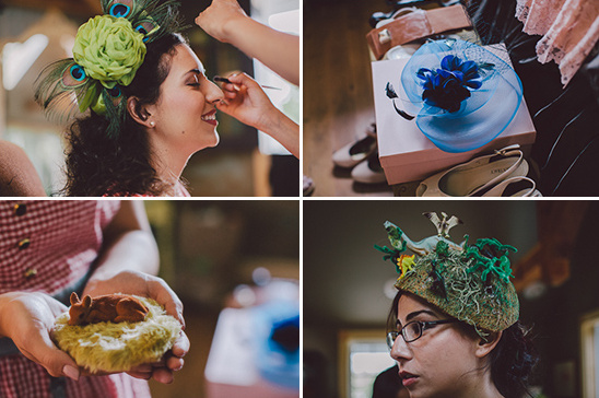 Four images of a woman getting ready with headwear, accessories