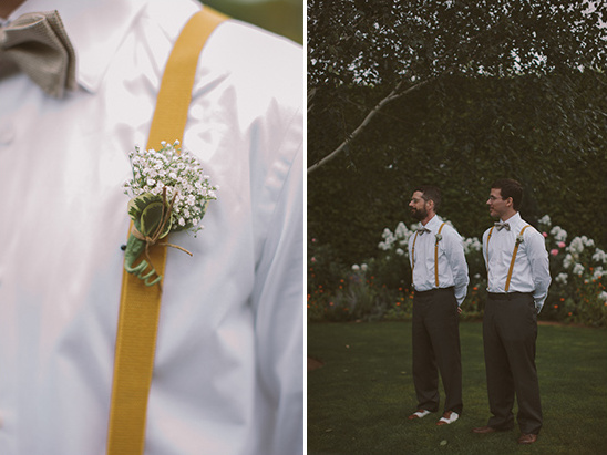 Groomsmen attire with yellow suspenders and flower boutonnieres
