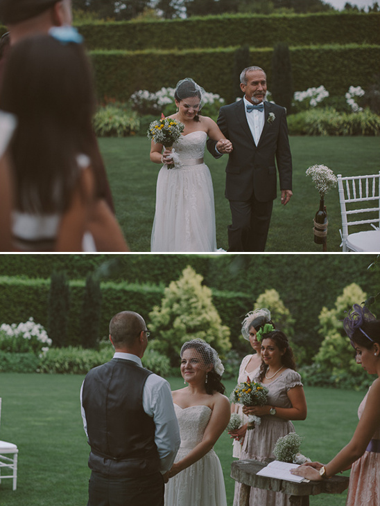 Bride walks down the aisle with her father, wedding ceremony outdoors