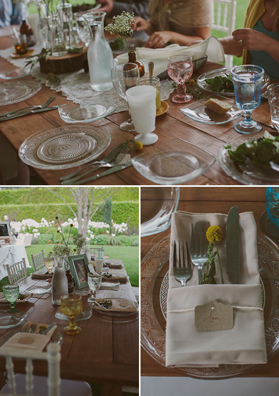 Rustic wedding table setting with vintage glass and flowers