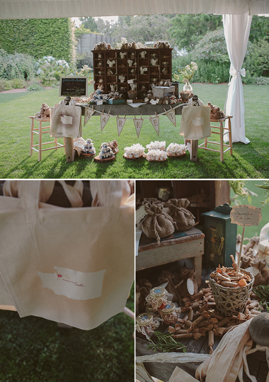 Wedding favor market with stylish decorations and outdoor setting