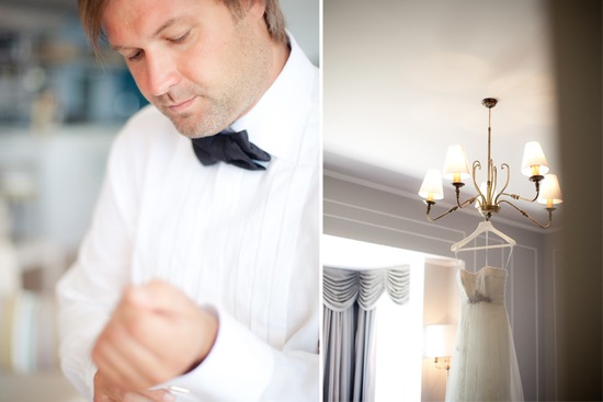 Groom prepares for wedding day alongside the bride's dress