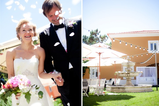 Happy bride and groom smiling at a wedding with a beautiful venue