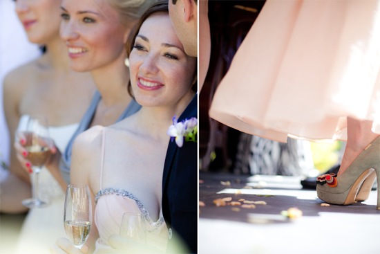 Bridesmaids smiling with champagne and wedding details in frame