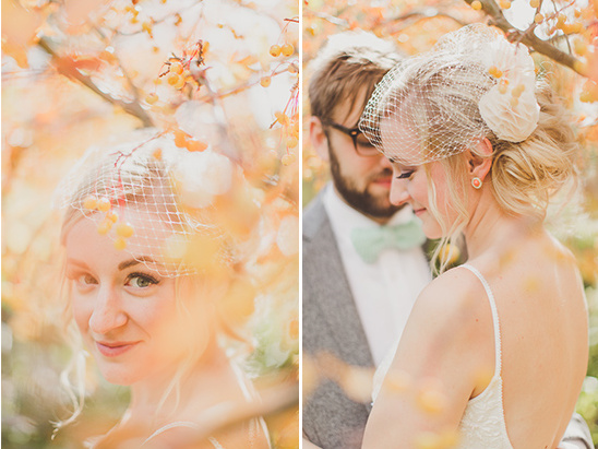 Beautiful bride and groom portrait in a golden autumnal setting