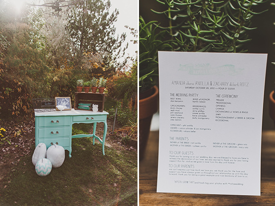 Outdoor wedding setup with a teal desk and ceremony details