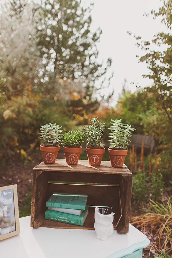Rustic wedding decor with potted plants and old wooden crate
