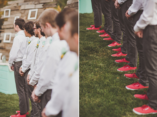 Wedding party in white shirts and grey pants, red shoes