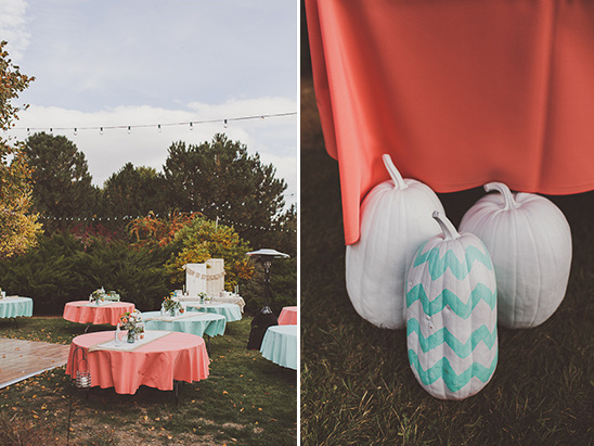 Coral tablecloths and teal pumpkins