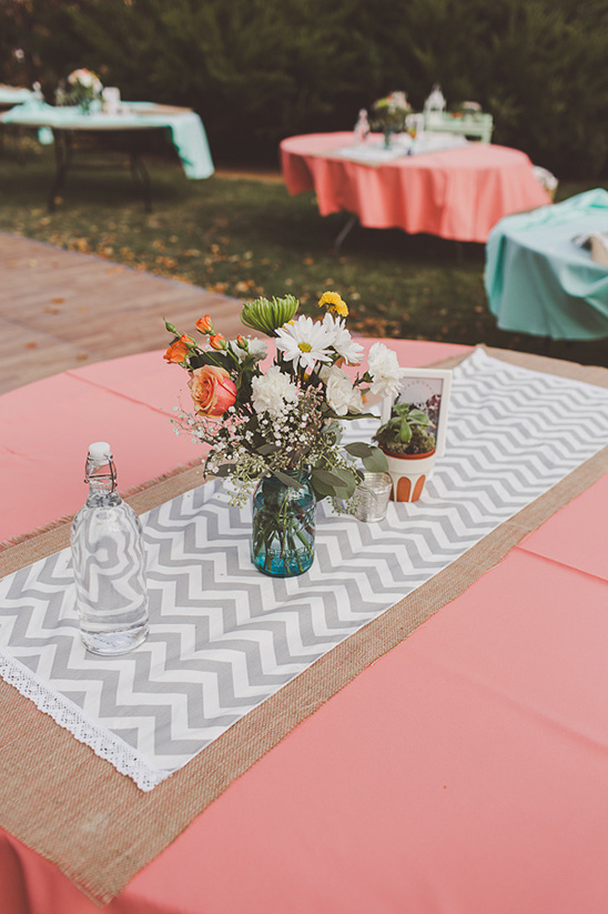 Wedding table setting with flowers and chevron runner decor