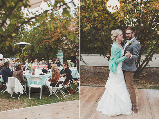 Wedding reception, guests, bride and groom dancing