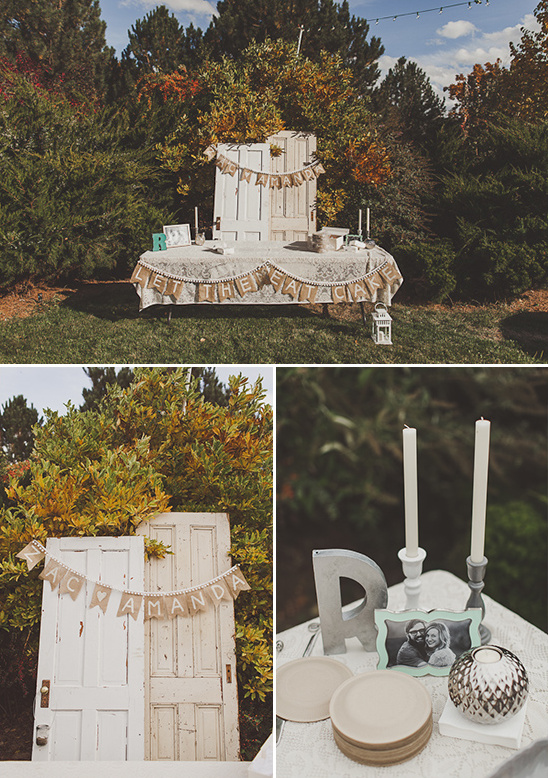 Rustic wedding dessert table with personalized banner