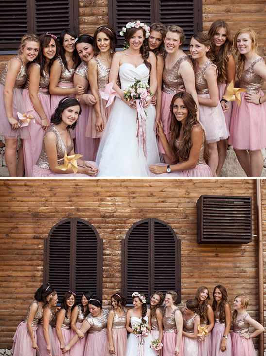 Bride with bridesmaids in pink tulle gowns