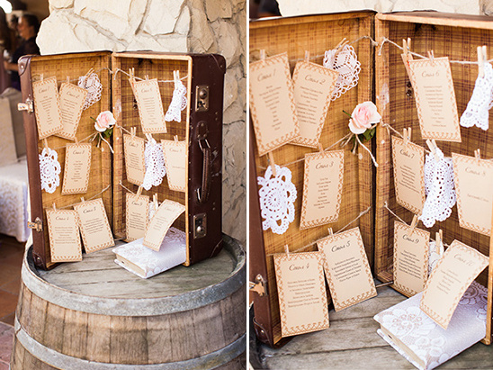 Rustic wedding seating chart in vintage suitcase