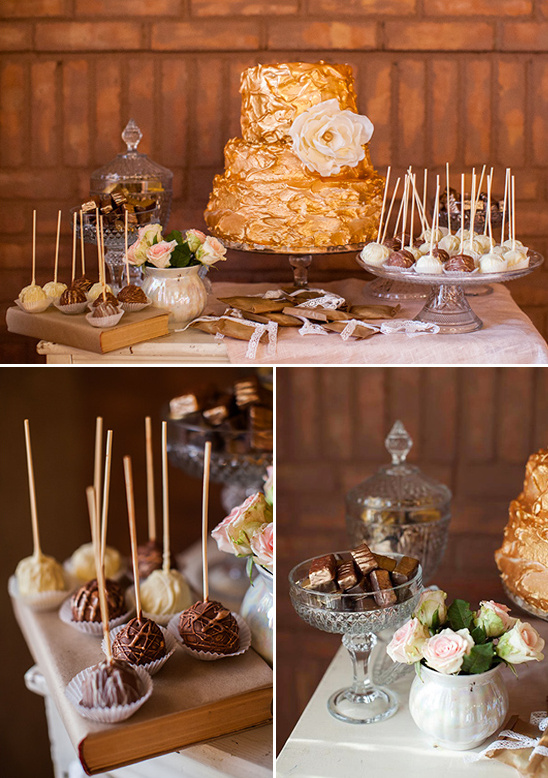 Gold cake and assorted treats display