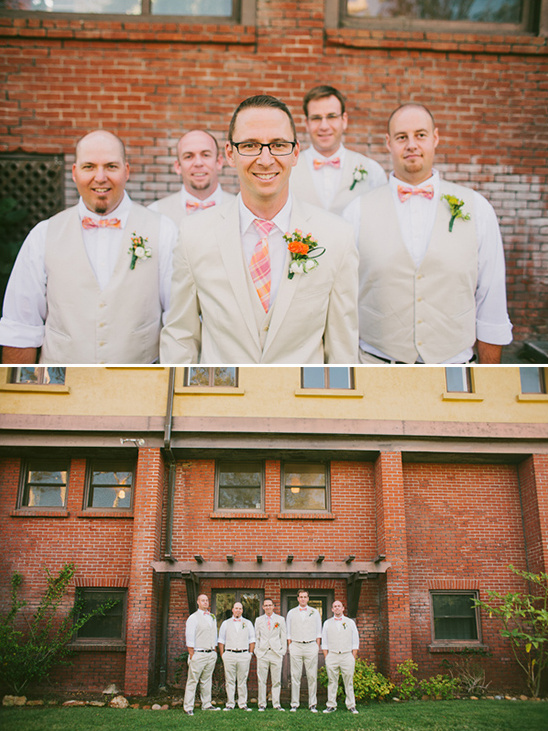 Groomsmen in matching outfits pose for photo on wedding day