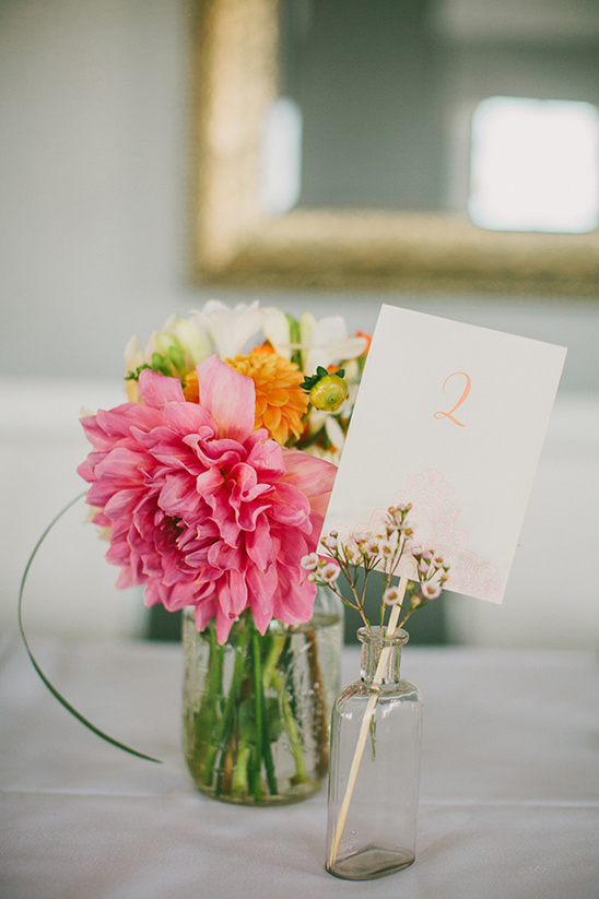 Elegant floral table setting with pink dahlia, flowers, and table number two