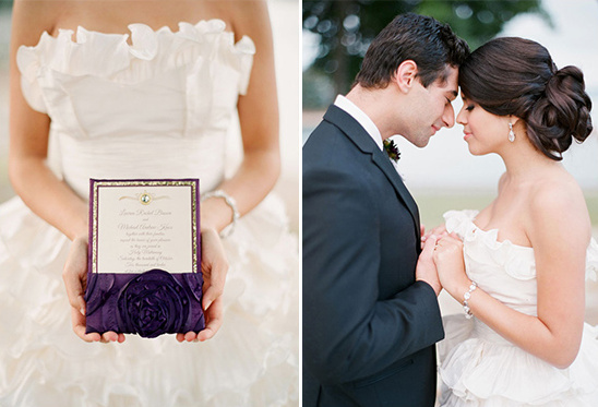 Elegant wedding couple in love holding hands, with invitation