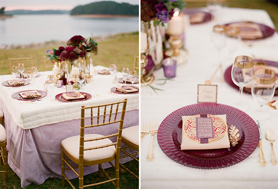 Elegant outdoor wedding table setting with purple and gold decor