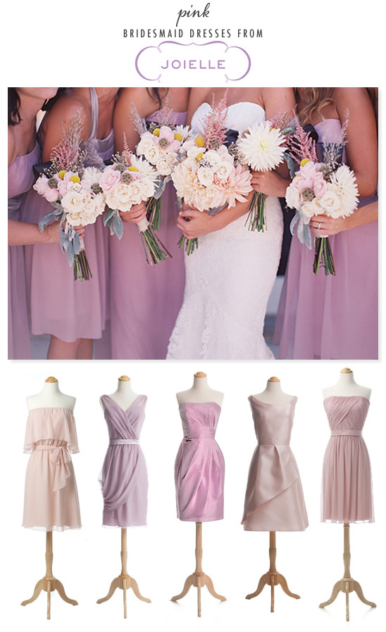 Pink Joielle bridesmaid dresses with bouquets, stylish wedding attire