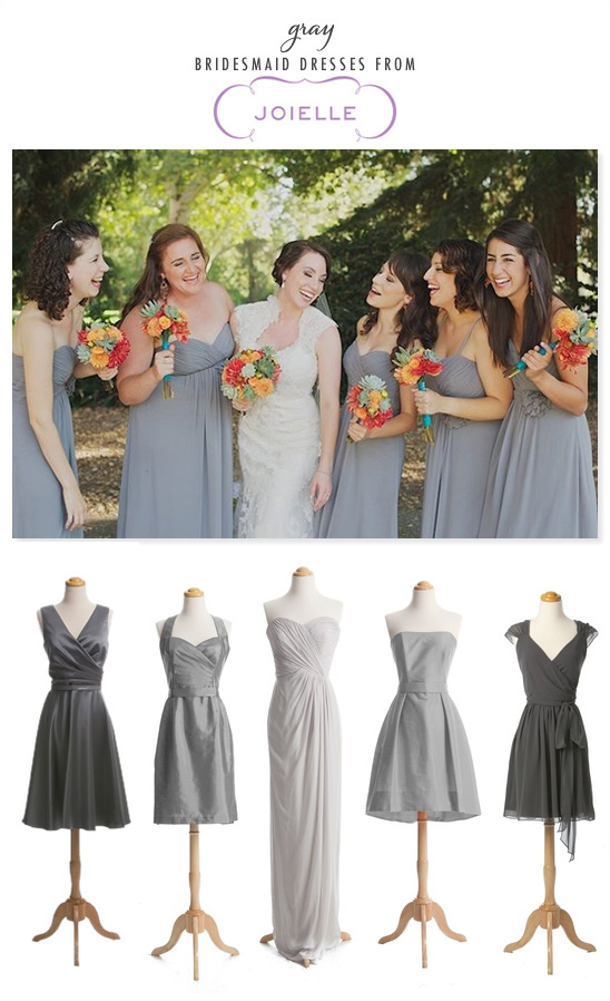 Bridesmaids in gray dresses and examples of different dress styles