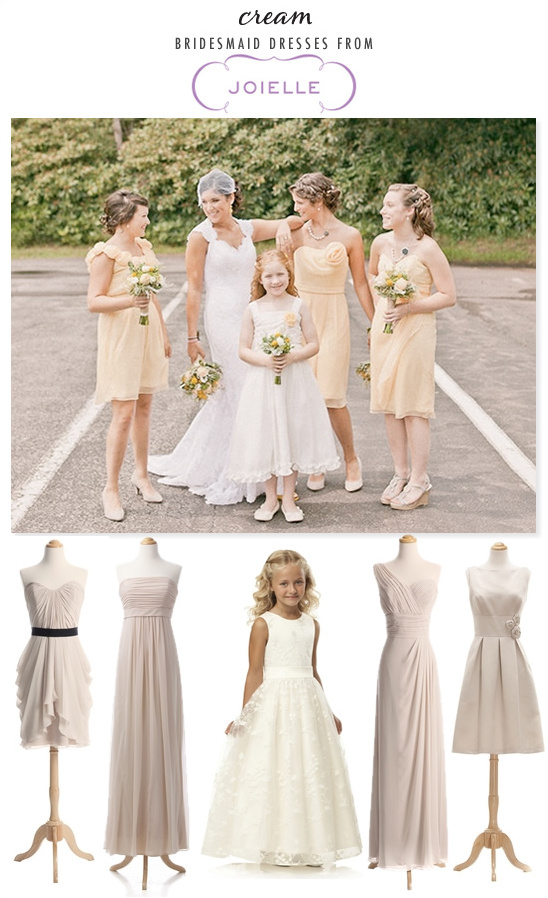 Cream colored bridesmaids dresses and flower girl attire