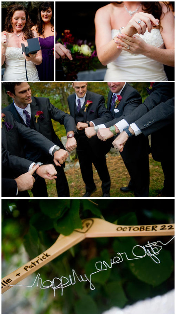 Groomsmen showing off watches at wedding