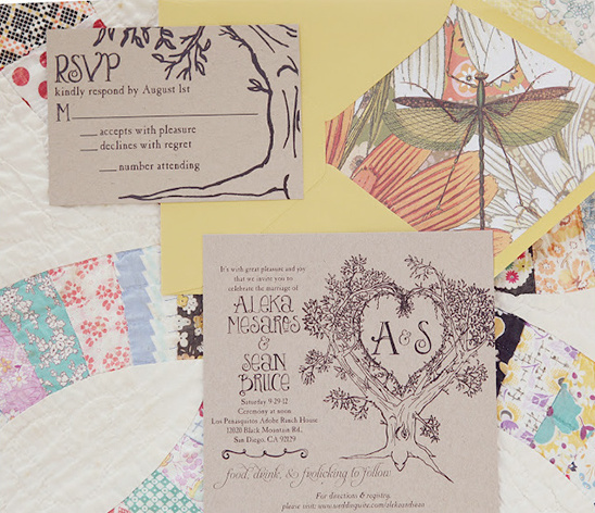 Rustic wedding invitations with tree and heart details