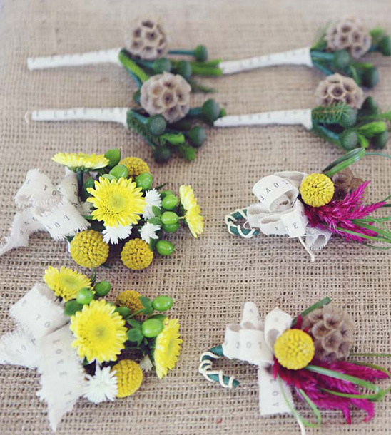 Wedding boutonniere and corsage with yellow and pink flowers