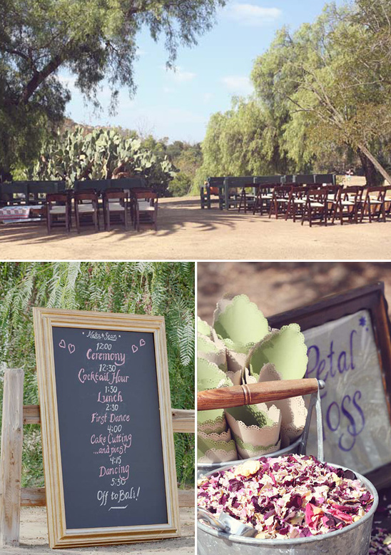 Outdoor wedding setup with chairs, schedule, and petal toss