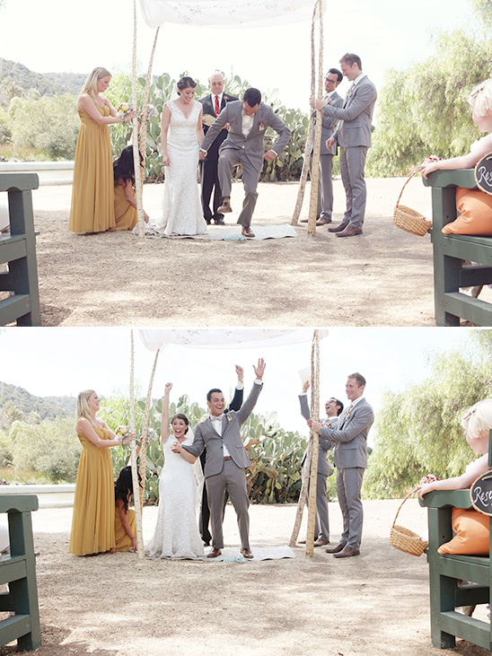 Groom stomps glass at wedding ceremony; couple celebrates