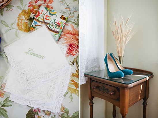 green wedding shoes and vintage hankies