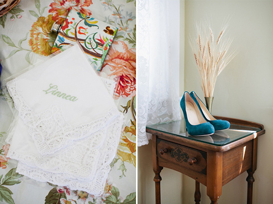 Linnea's embroidered handkerchief & teal wedding shoes
