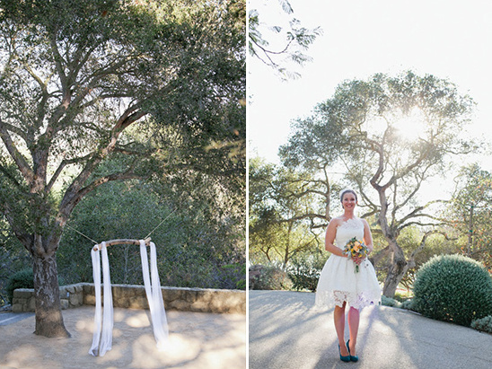 Bride in white dress under oak tree wedding ceremony