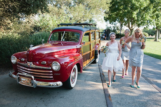 Vintage red wood station wagon wedding bridal party