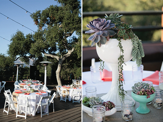 Outdoor wedding reception with succulent centerpieces
