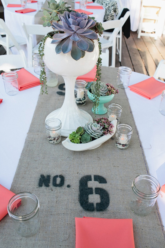 Succulent centerpiece on burlap table runner, number 6