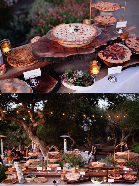 Rustic wedding pie table with assorted desserts