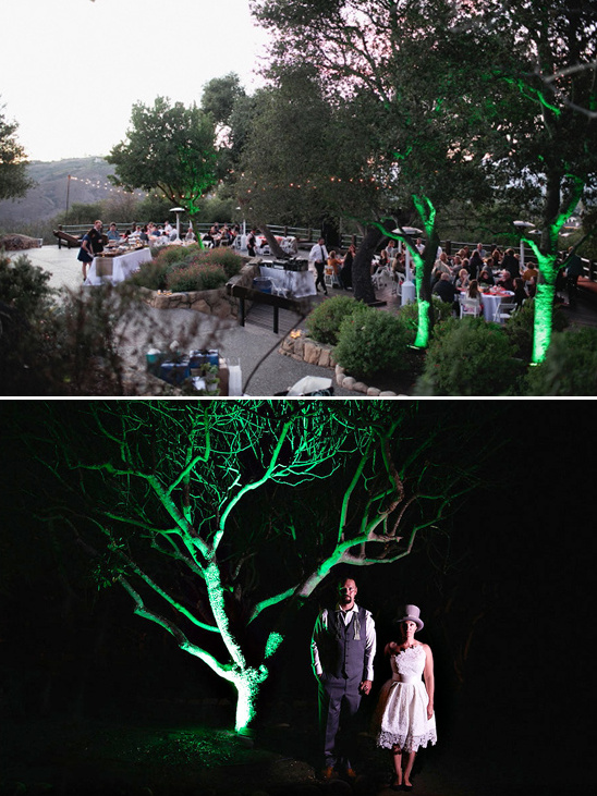Wedding reception outdoor setting with green lighting