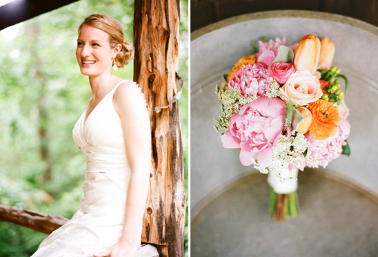 Smiling bride with bouquet of flowers on wedding day