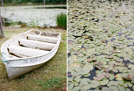 White boat at lakeside with lily pads and calm water scene