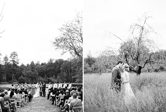 Black and white wedding ceremony in nature with a loving embrace