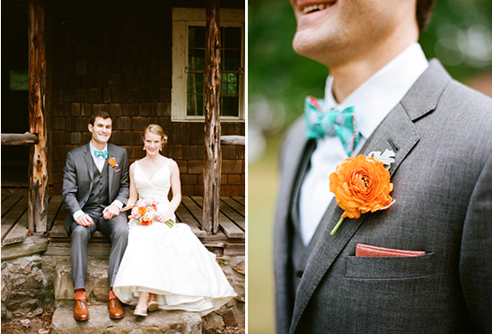 Charming couple smiles during their rustic outdoor wedding ceremony