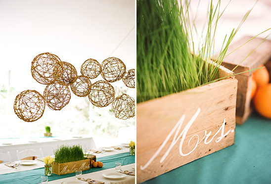 Rustic wedding decor: twine balls & wheatgrass centerpieces