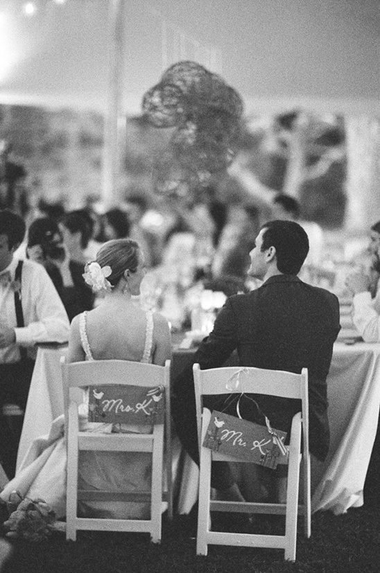 Bride and groom seated at wedding reception