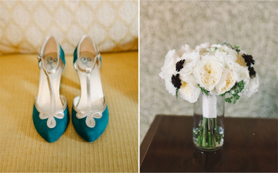 Teal shoes and white flowers wedding bouquet