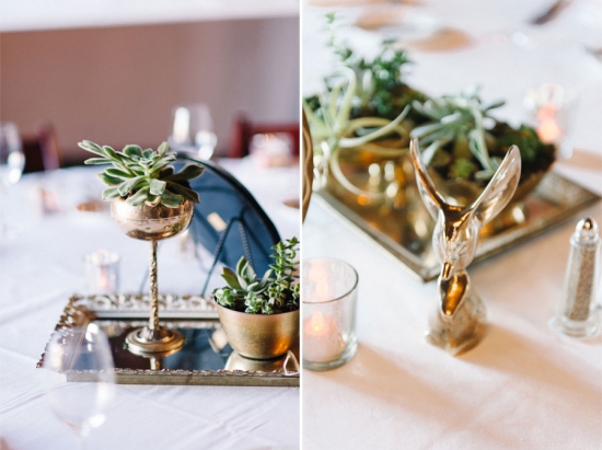 Gold succulents and bird decor on table